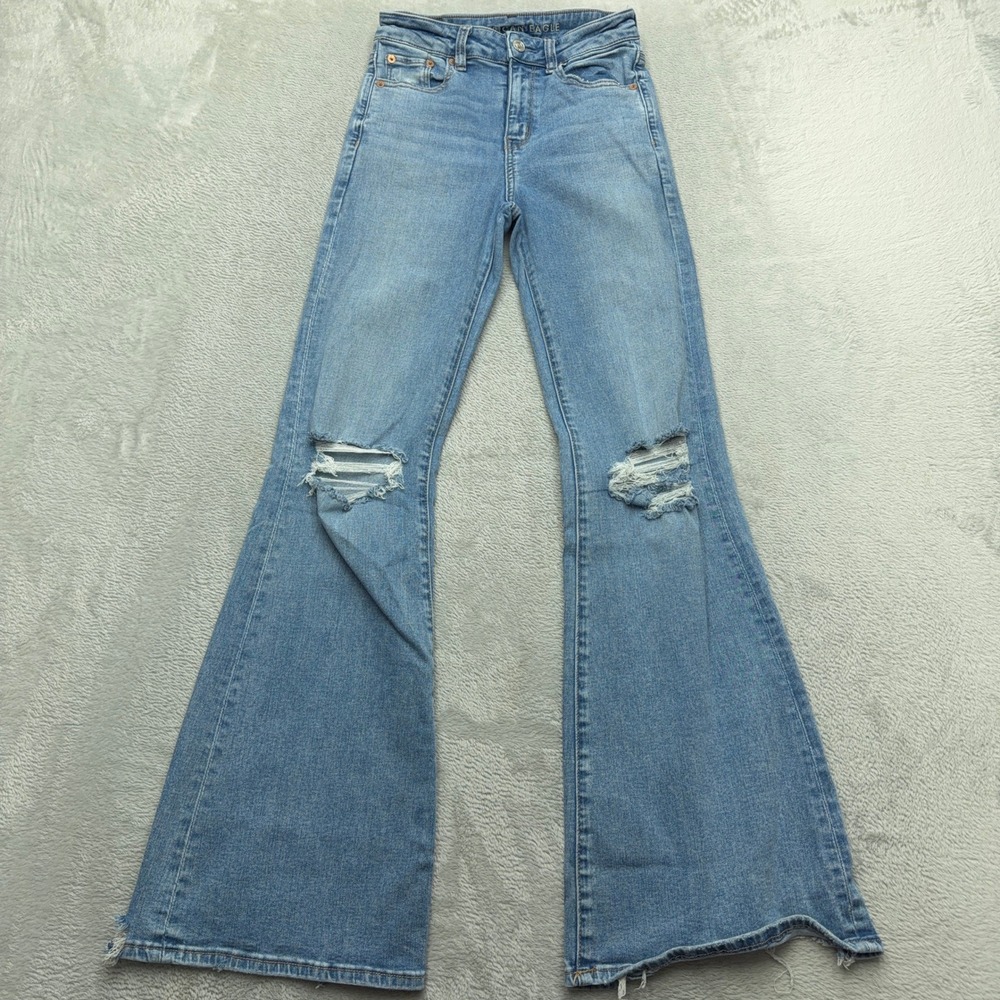 American Eagle Flare Jeans Womens 0 Blue Super High Rise Distressed Next Level